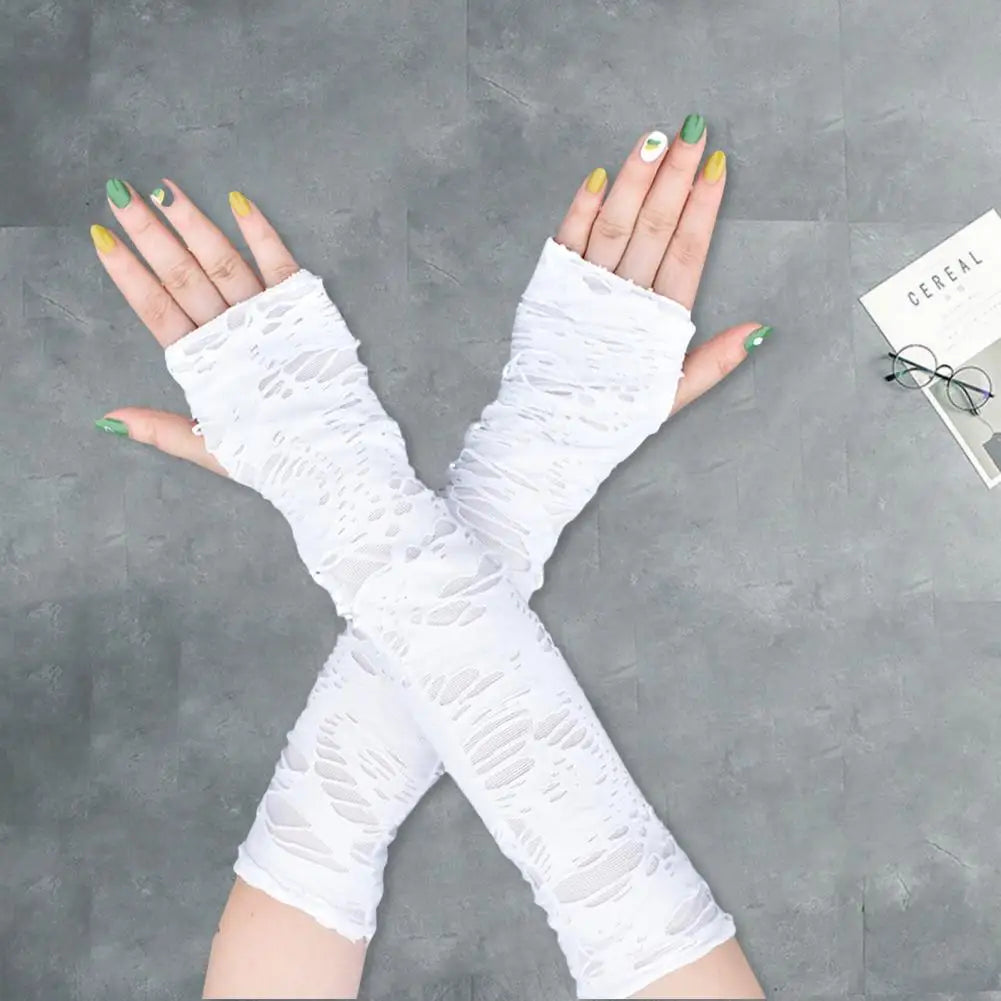 Breathable Fingerless Gloves Punk Style Arm Sleeves Long Halloween Fingerless Gloves with Ripped Holes for Adult Cosplay Unique