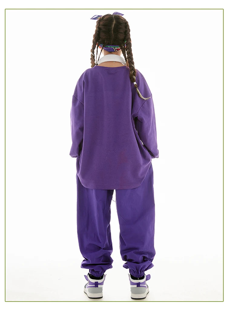 Jazz Dance Clothes Girls Hip Hop Costume Loose Coat Purple Pants Boys Breaking Street Dance Outfit Long Sleeves Suit