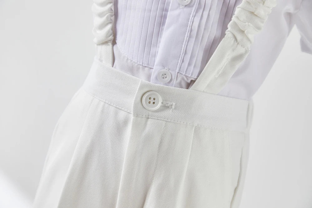 Young child Boy White Suit Baptism Birthday Party Photograph Clothes Dress Baby Jacket Straps Pants Bowtie 3PCS Eid Kids Attire