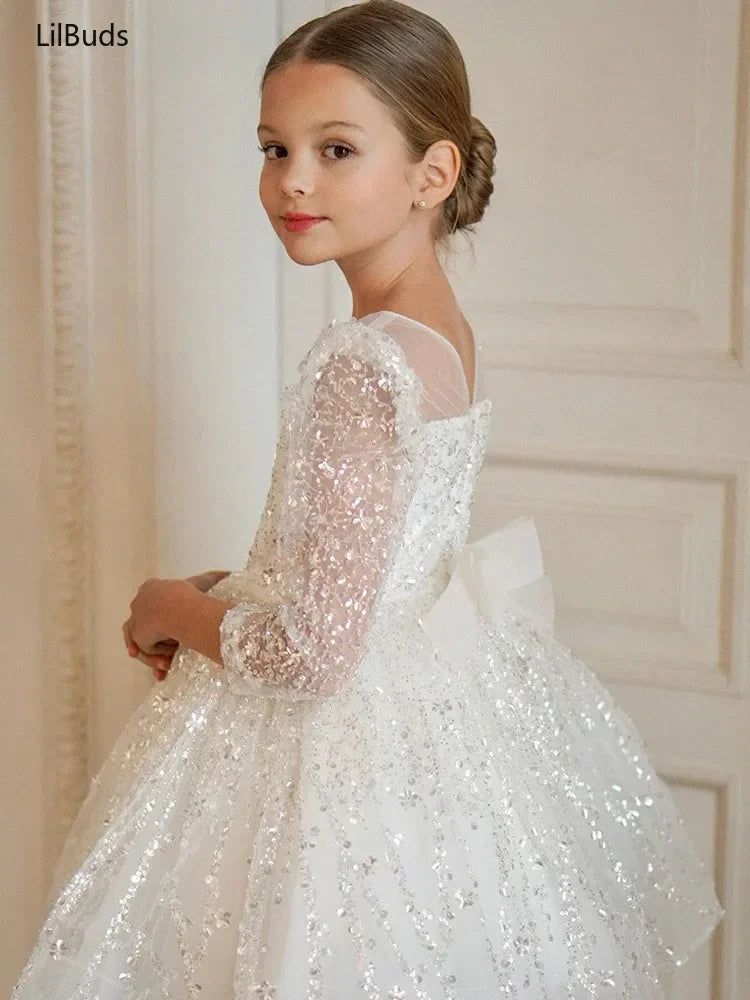 2024 Girls Dress Sequin Mesh Long-sleeved Birthday Party Outfit  New children's Clothes Matching Baby Opening Ceremony Prom
