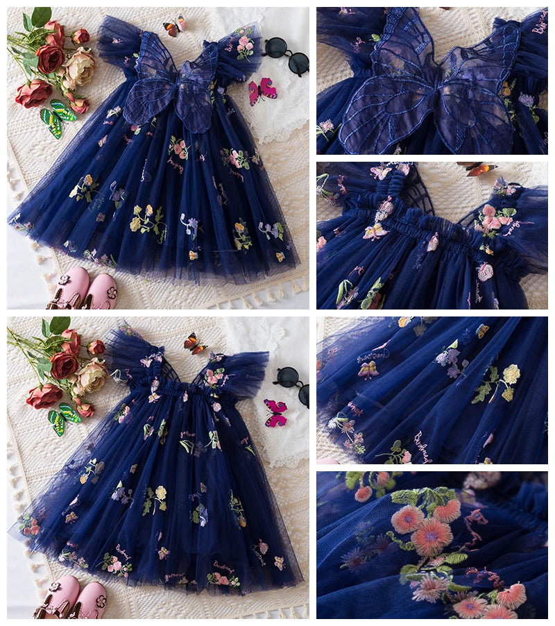 0-5 Years Girls' Dress Butterfly Dress for Summer New Flying Sleeve Mesh Princess Dress Baby Girls Floral Embroidery Clothes