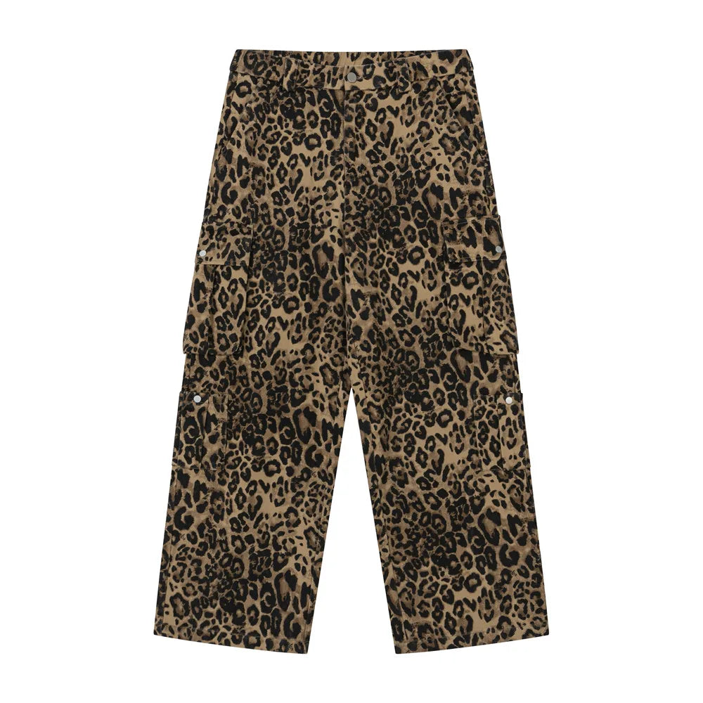 Leopard Print Cargo Pants Mens Multi-Pocket Retro Streetwear Straight Loose Wide Leg Trousers Men
