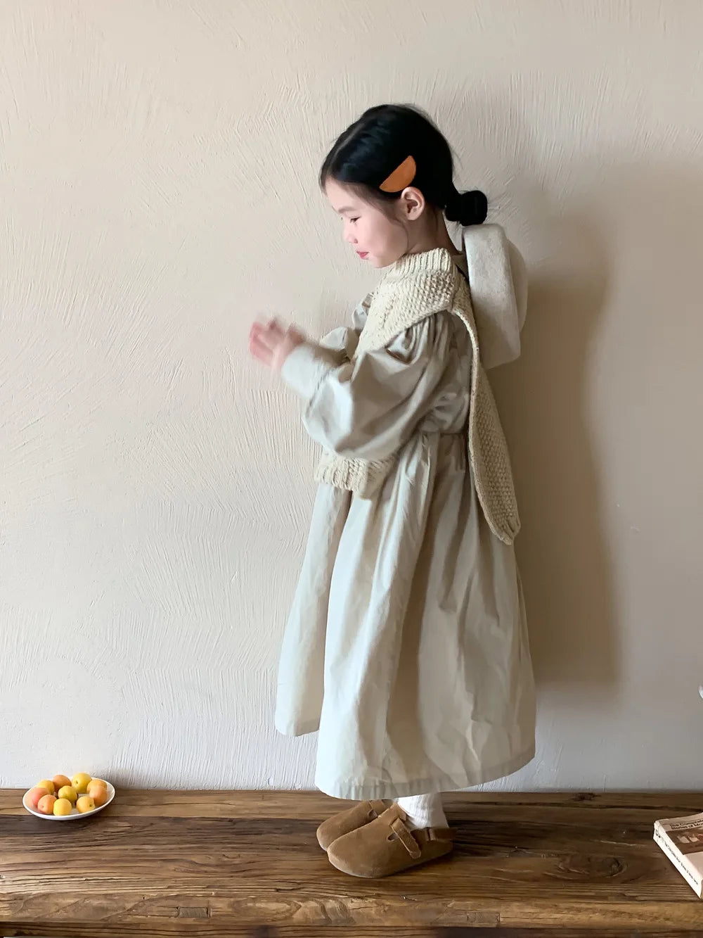 2024 Autumn Dress Girls Korean Solid Color Bubble Sleeve Dress Childrens Loose Skirt Knitted Vest Set