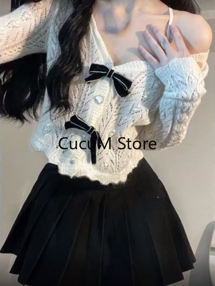 French Elegant 2 Piece Set Woman White Knitted Blouse Bow + Casual Slim Y2k Mini Skirt Korean Fashion Suit Outfit 2023 Autumn