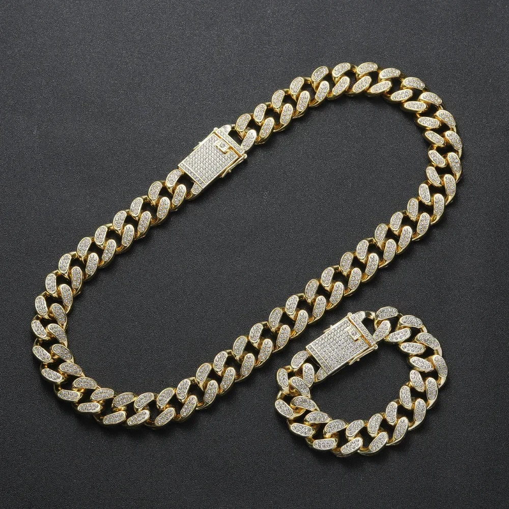 Miami Curb Cuban Chain Necklace Bracelet Women Men 20mm Big Gold Color Iced Out Paved Rhinestones Hip Hop Jewelry Set Box Clasp