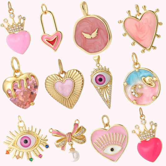 Cute Pink Love  Charms for Jewelry Making Gold Color eyess Jewelry Dijes Diy Earring Necklace Bracelet Keychain  Accessories