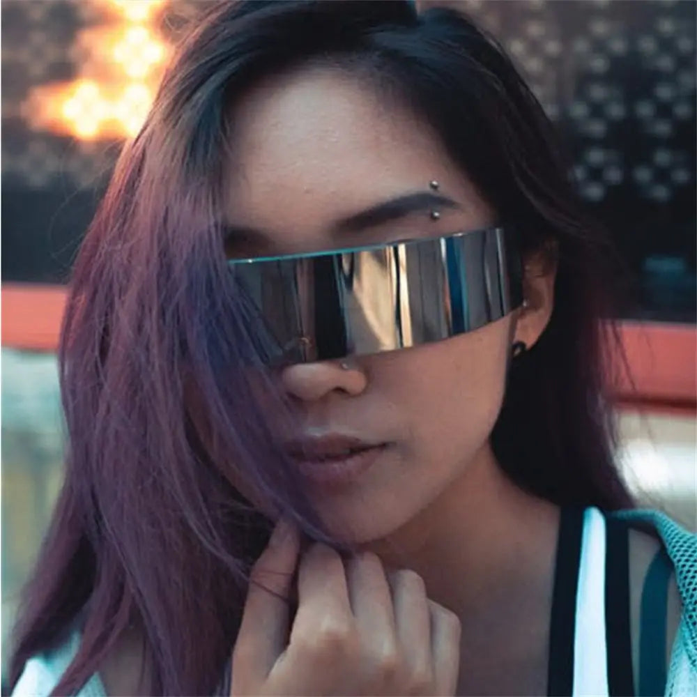 Y2K Future Warrior Rimless Sunglasses One Piece Lens Wrap Around Cyber Punk Futuristic Men Women Hip Hop Party Sun Glasses 2023