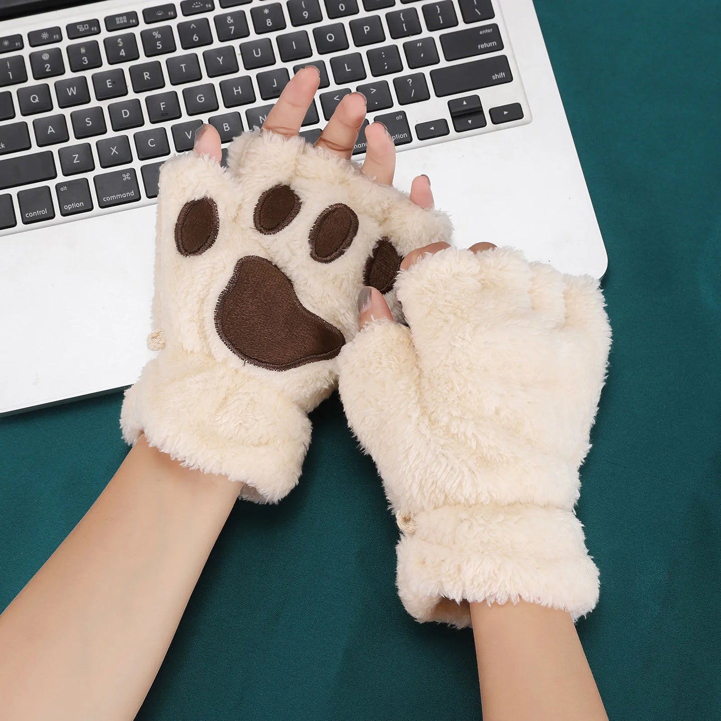Lovely Plush Cat Claw Paw Gloves Plush Mittens Warm Soft Plush Short Fingerless Fluffy Bear Gloves Costume Half Finger Gloves