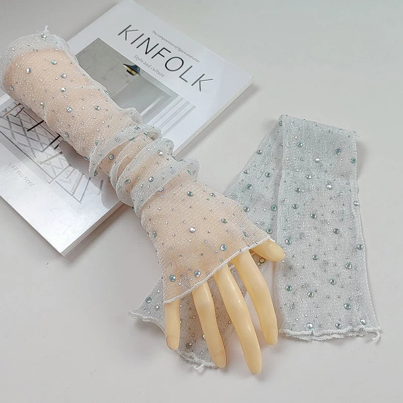 Sexy Silver Thread Flash Drill Half Finger Lace Gloves Summer Sunscreen Arm Sleeve Cosplay Nightclub Performance Long Mittens