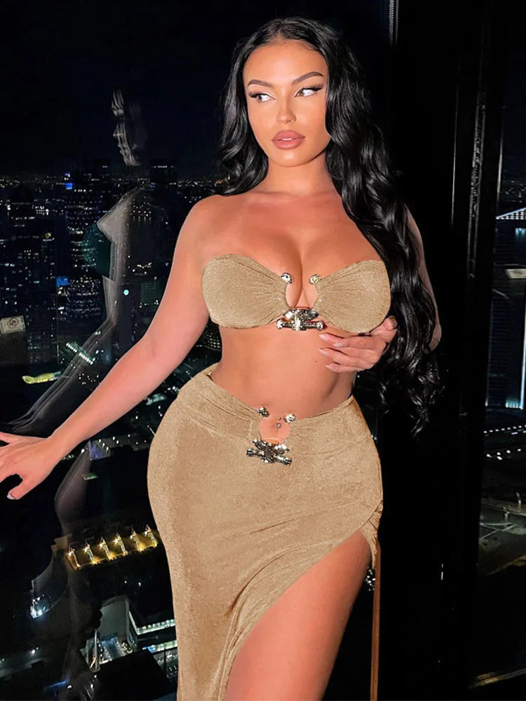 Elegant Sexy Bandeau Top with Slit Asymmetrical Skirt Two Piece Set Women Summer Party Festival Matching Sets Orange