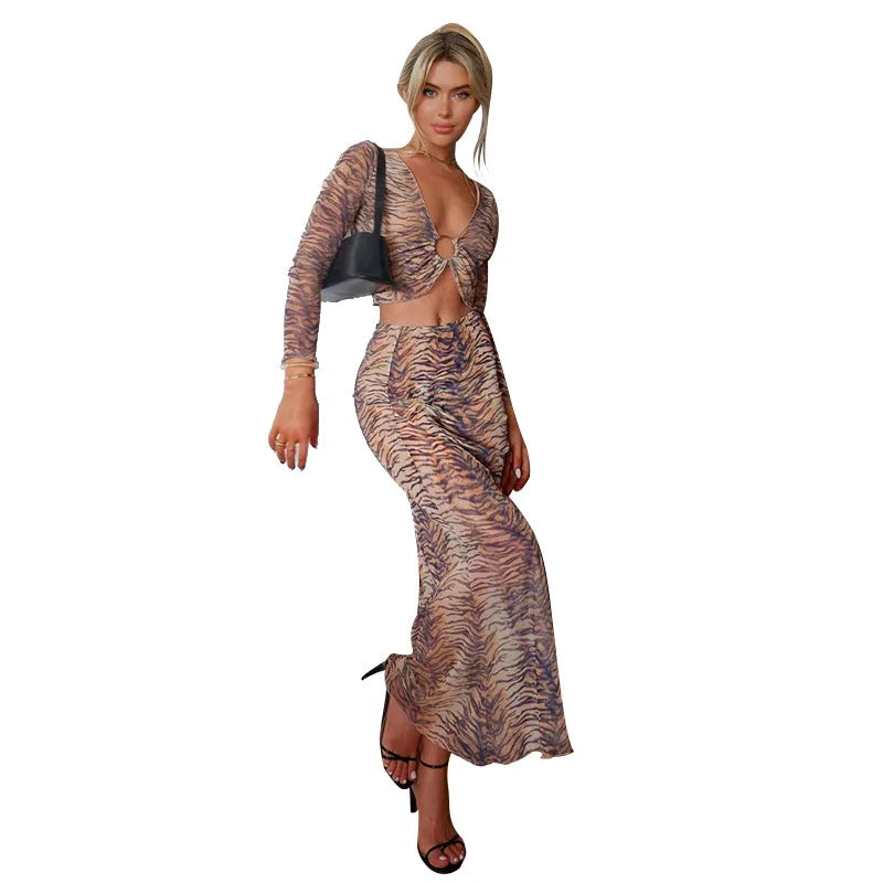 Tiger Printed Two Piece Set for Women, Sexy Long Sleeve Tops, Maxi Skirts, Matching Sets, Slim Outfits, Party Wear, Summer