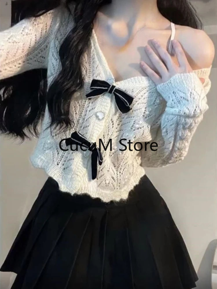 French Elegant 2 Piece Set Woman White Knitted Blouse Bow + Casual Slim Y2k Mini Skirt Korean Fashion Suit Outfit 2023 Autumn