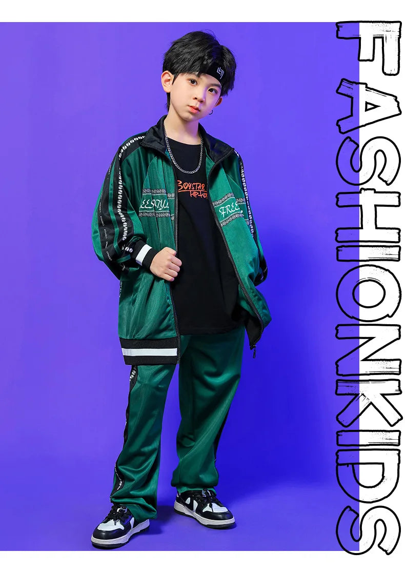 Kids Hip Hop Clothing Green Long Sleeves Outfit Coat Pants Boys Girls Modern Street Dance Costume Concert Show Clothing BL9005