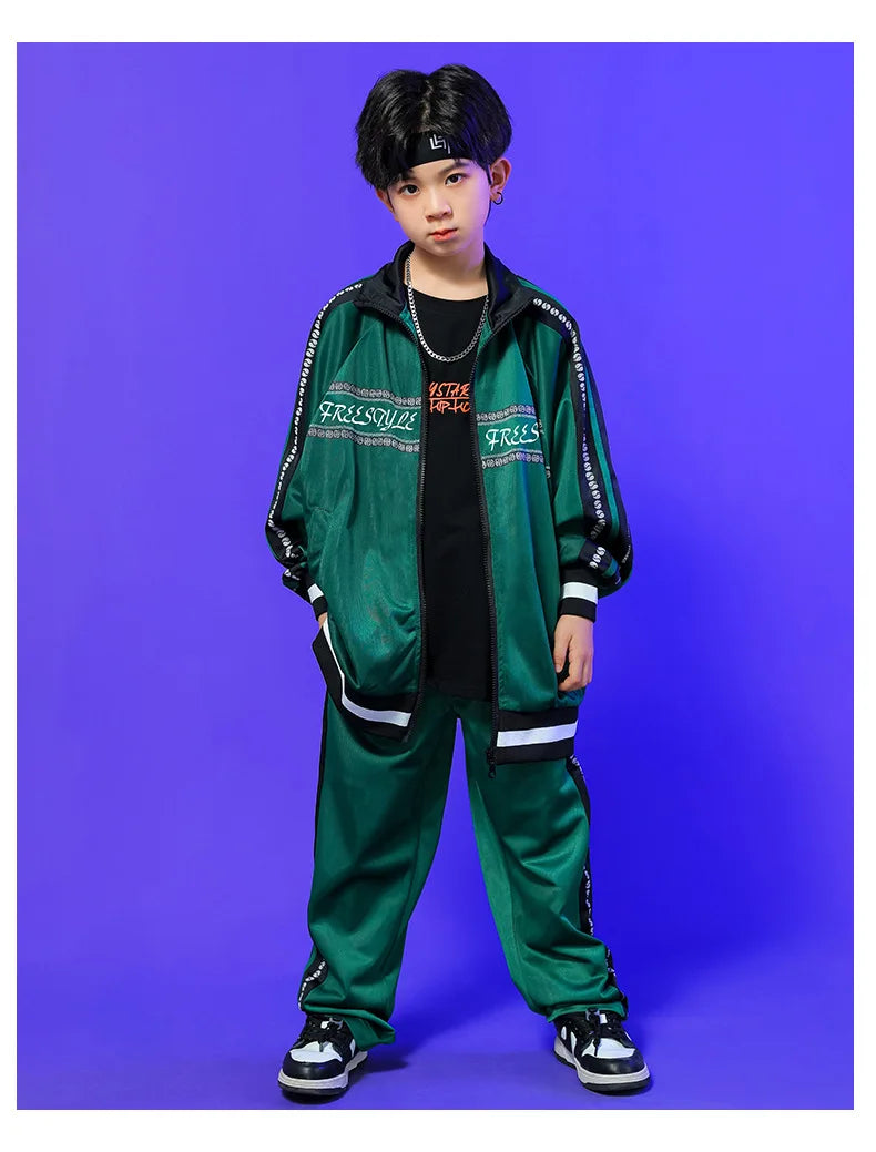 Kids Hip Hop Clothing Green Long Sleeves Outfit Coat Pants Boys Girls Modern Street Dance Costume Concert Show Clothing BL9005