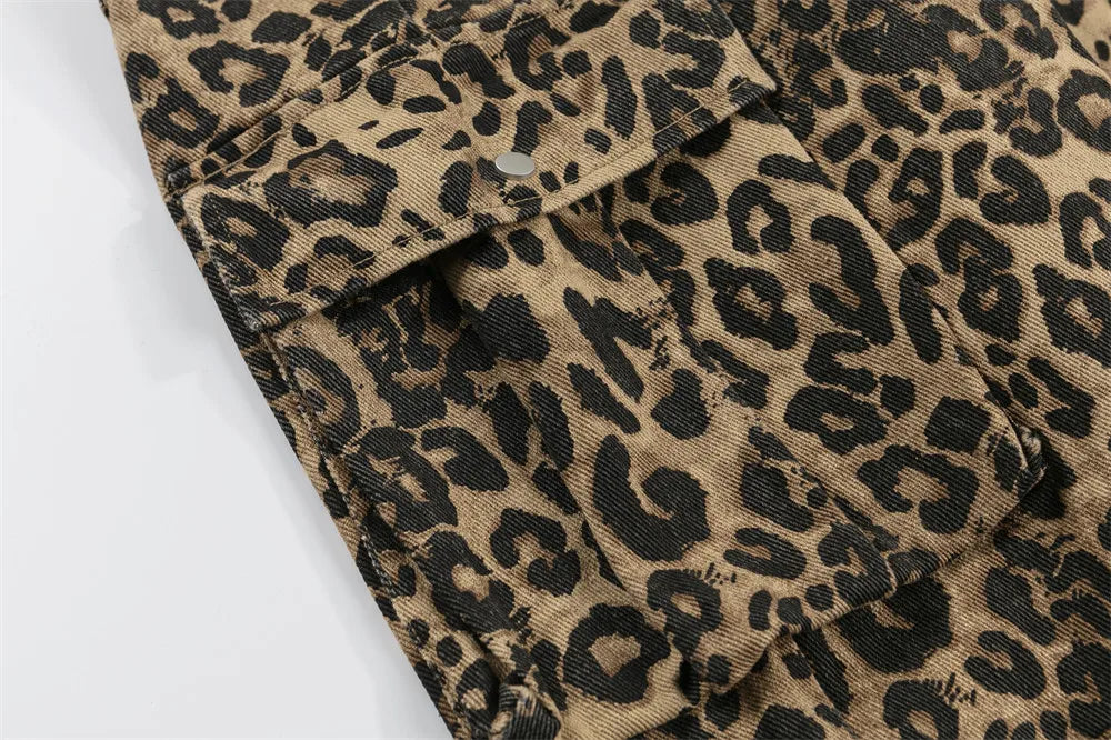 Leopard Print Cargo Pants Mens Multi-Pocket Retro Streetwear Straight Loose Wide Leg Trousers Men