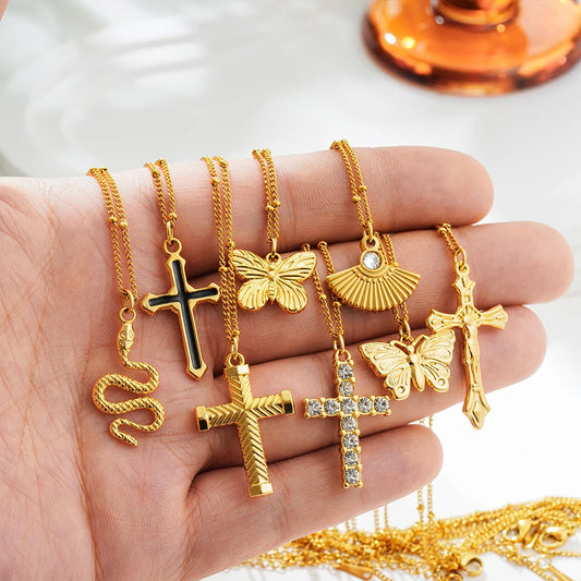 New Trendy Gold Color Cross Butterfly Snake Pendant Necklace for Women Creative Chain Collar Neckalces Stainless Steel Jewelry