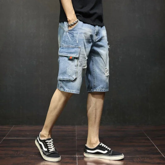 Men Short Pants Denim Shorts with Pockets Men's Short Jeans Pants Knee Length Long Half Ripped Streetwear Blue Harajuku Jorts Trend 2024 Xl