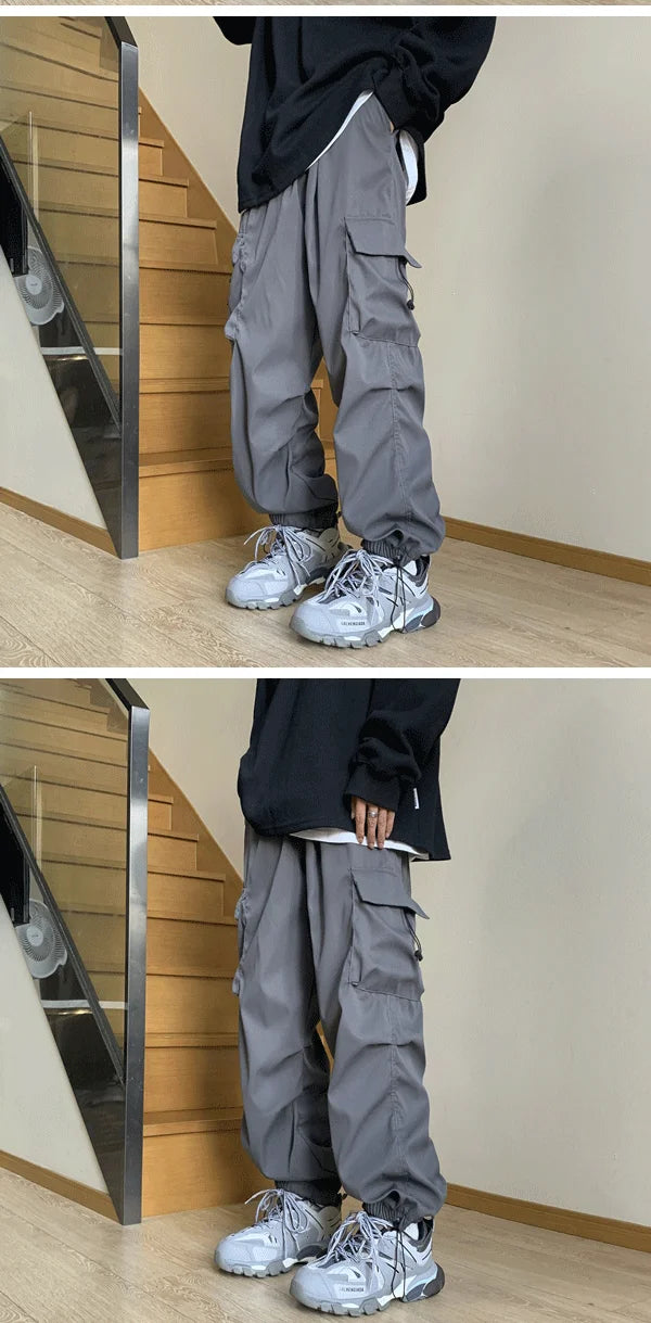 Cargo Pants Men Baggy Pleated Multi Pockets American Style Males Trousers Hip Hop Skateboard Boys High Street Autumn All-match