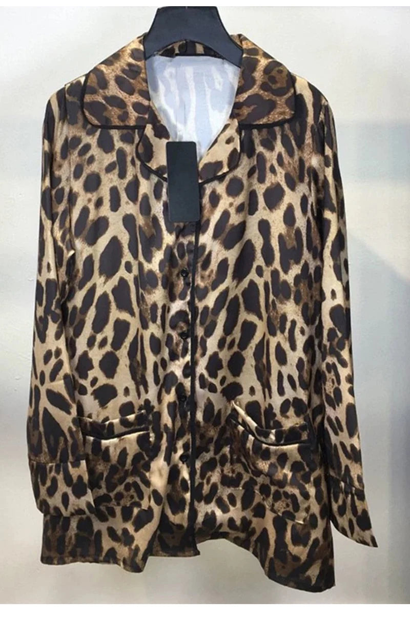 Autumn new Leopard print lapel long sleeve lace-up shirt women's two-piece suit+high waist wide leg trousers fashion suit