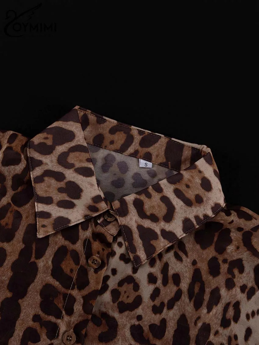 Oymimi Fashion Brown Leopard Print Sets For Women 2 Pieces Elegant Puff Sleeve Button Shirts And Drawstring Shorts Female Sets