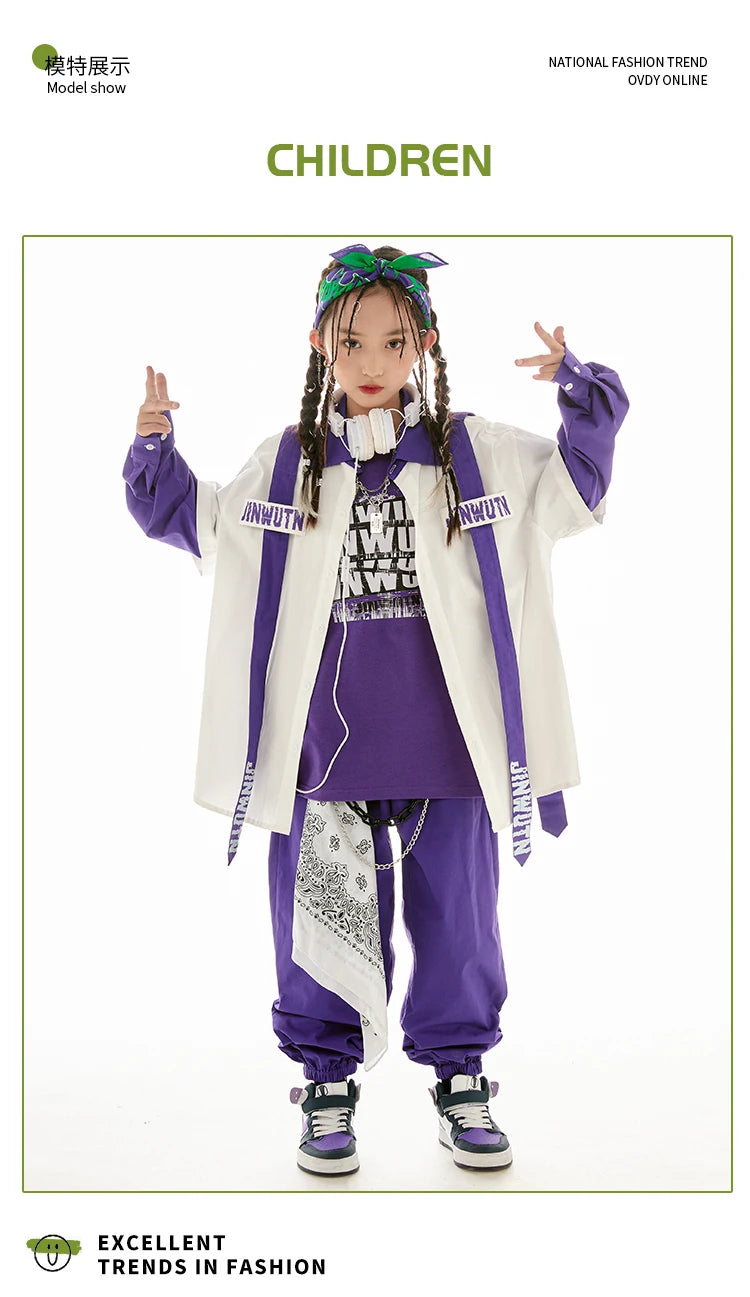 Jazz Dance Clothes Girls Hip Hop Costume Loose Coat Purple Pants Boys Breaking Street Dance Outfit Long Sleeves Suit
