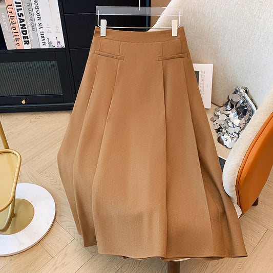 Plus size women's spring and autumn casual high-waist coffee color Medium and long size skirt elastic waist loose skirt 2024 new