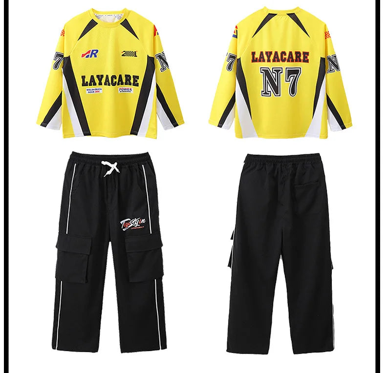 Kid Hip Hop Clothing Yellow Racing Long Sleeve T Shirt Vest Black Casual Cargo Pants for Girls Boys Jazz Dance Costume Clothes