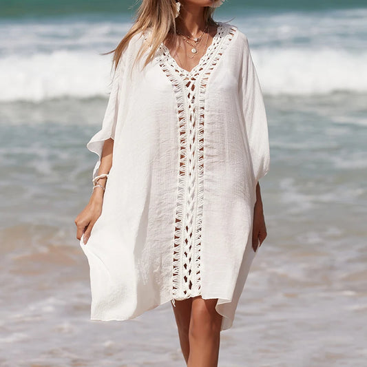 Beach Cover Up for Woman Tunic Bikini Dress Solid Color Crochet Cutout Loose Sun Protection Swimsuit Robe Bathing Suit Sundress