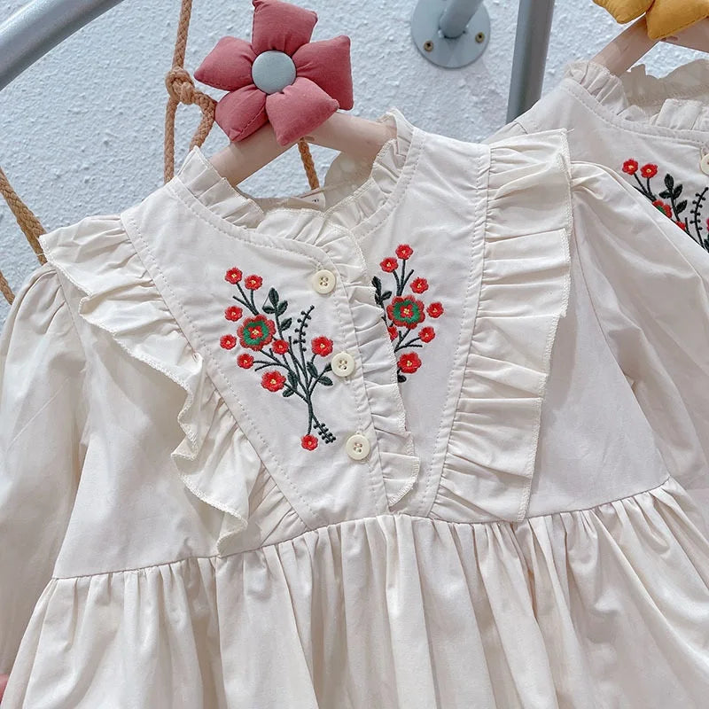 Baby Girl Princess Cotton Dress Embroidery Flower Infant Toddler Child Vintage Dress Long Sleeve Vestido Baby Clothes 1-7Y