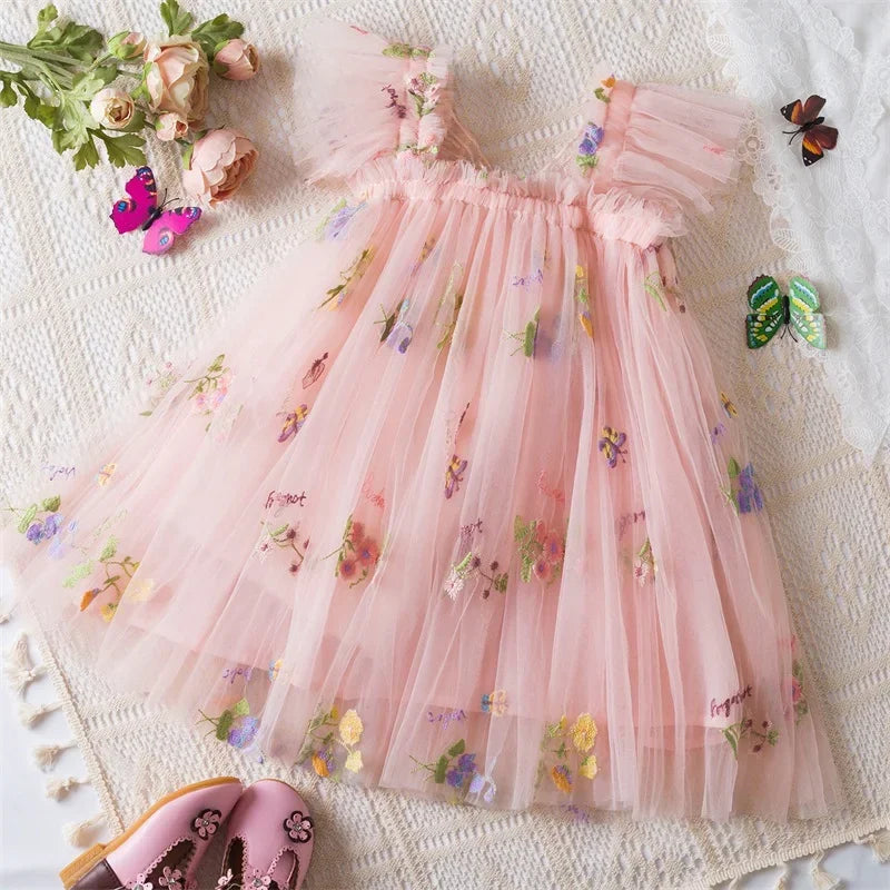 0-5 Years Girls' Dress Butterfly Dress for Summer New Flying Sleeve Mesh Princess Dress Baby Girls Floral Embroidery Clothes