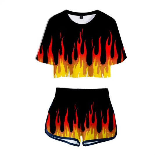 Colorful Flame Women Two Piece Set Shorts + lovely T-shirt Gradient Printing Sport suit Girls Tracksuit