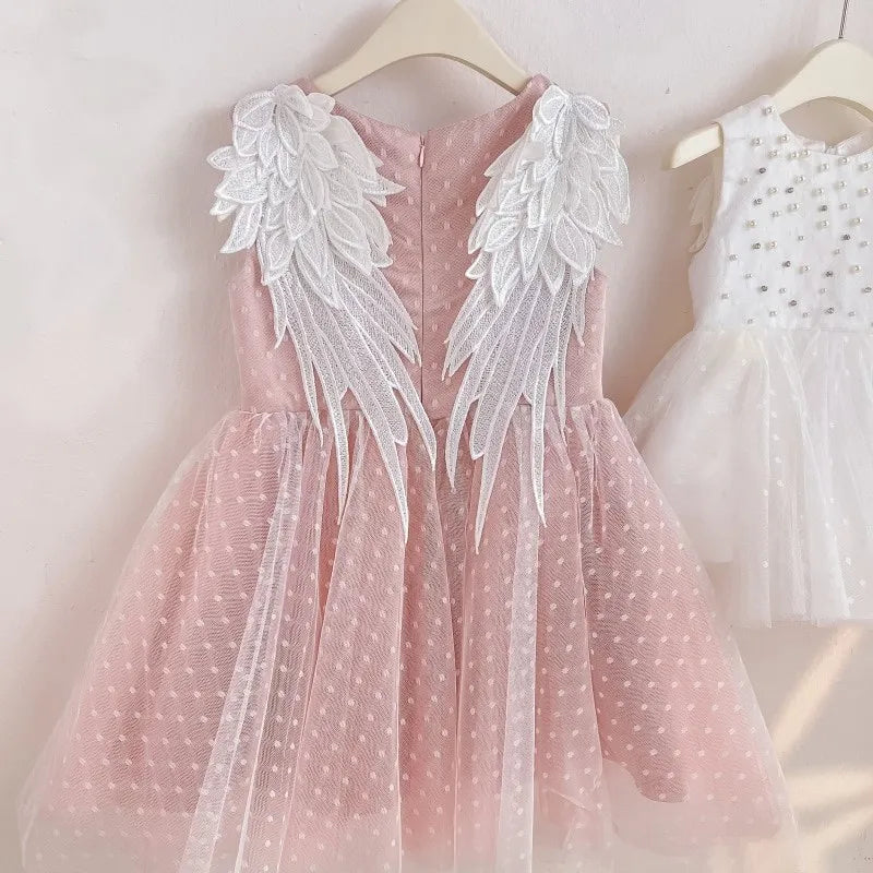 Baby Girl Princess Angel Wing Dress Infant Toddler Child Sleeveless Pearl Vestido Party Pageant Birthday Baby Clothes 1-12Y