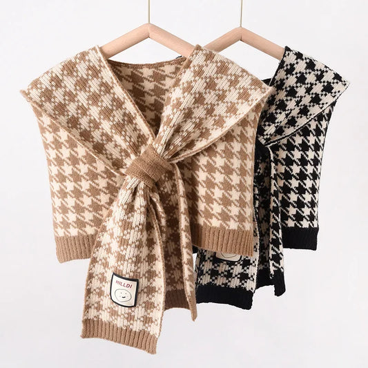 2025 Korean Woolen Knit Warm Shawl Winter Female Blouse Shoulders Fake Colla Knitted Scarf Houndstooth Neck Guard Scarve