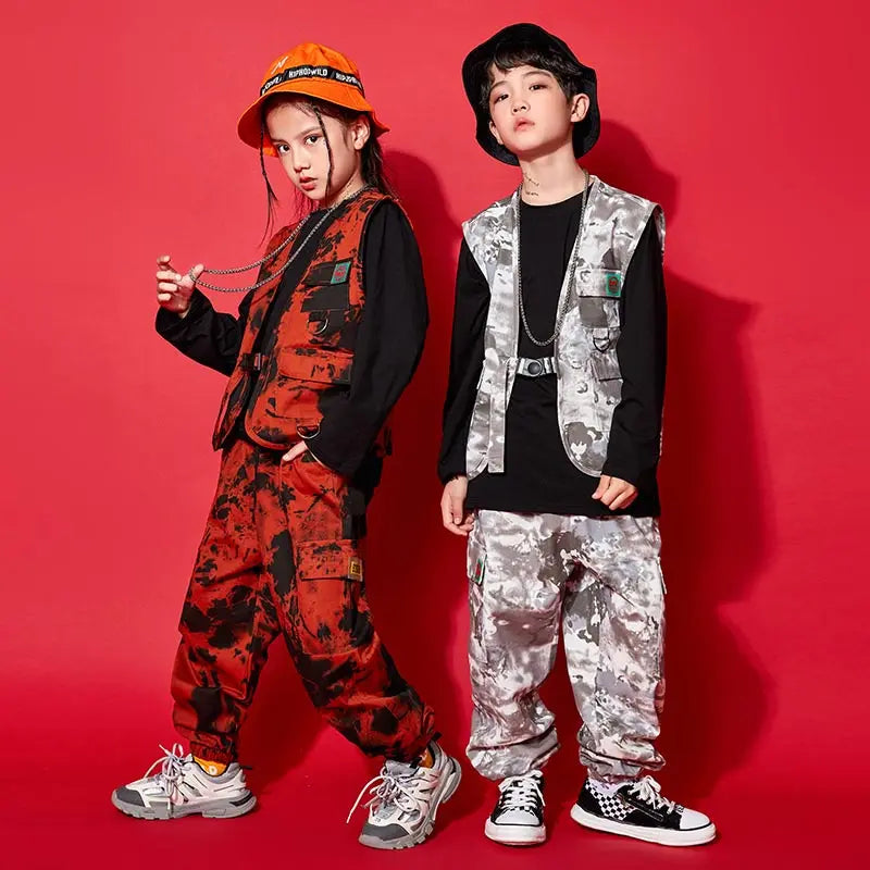 Modern Hip Hop Dance Clothes Kids Costume Camouflage Vest Pants Girls Long Sleeves Suit Boys Street Dance Outfit Rave Wear L9730
