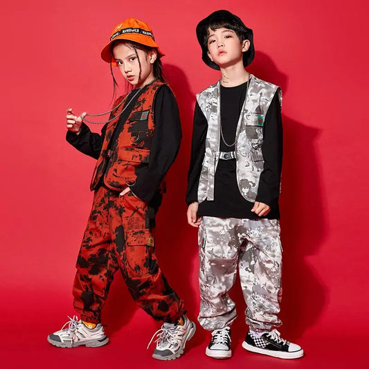 Modern Hip Hop Dance Clothes Kids Costume Camouflage Vest Pants Girls Long Sleeves Suit Boys Street Dance Outfit Rave Wear L9730