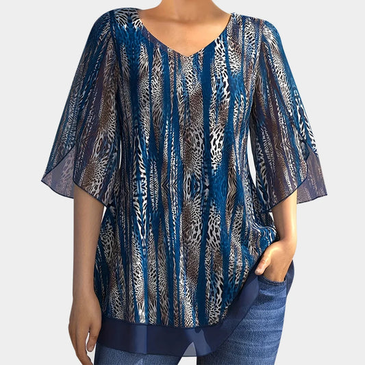 Women Flare Sleeve Chiffon Shirt Female V-Neck Blouse Large Plus Size Loose Shirts Office Ladies Printed Casual Tops Clothing