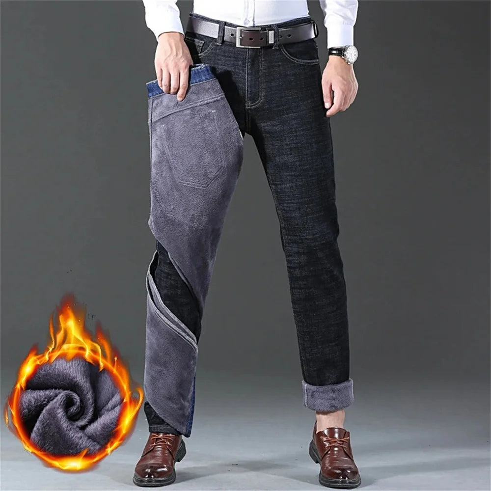 Men's Classic Regular Fit Fleece Jeans Business Fashion Loose Casual Stretch Pants Male Brand Plus Velvet Padded Warm Trousers