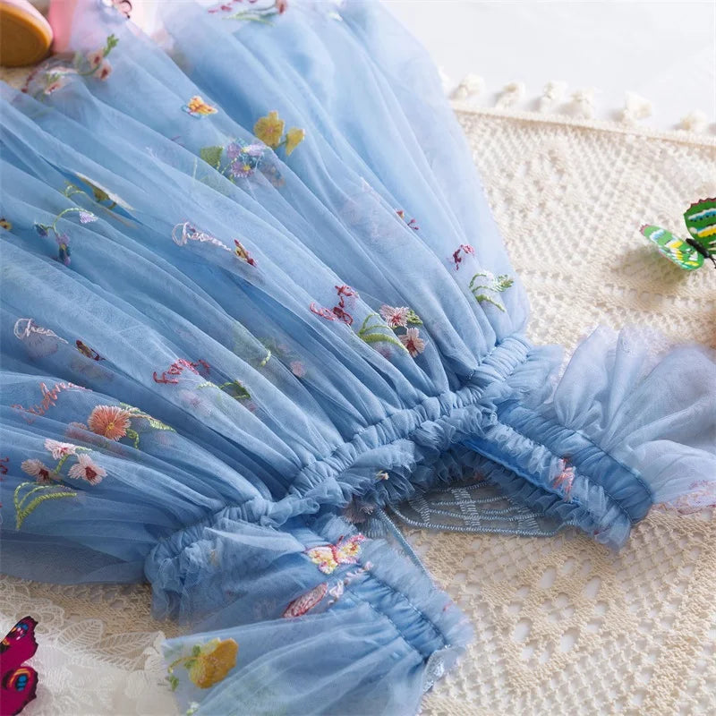 0-5 Years Girls' Dress Butterfly Dress for Summer New Flying Sleeve Mesh Princess Dress Baby Girls Floral Embroidery Clothes