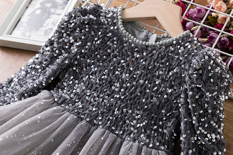 Sequin Girls Princess Party Dresses for 3-8 Yrs Kids Birthday Wedding Evening Prom Gown Spring Fall Long Sleeve Children's Dress