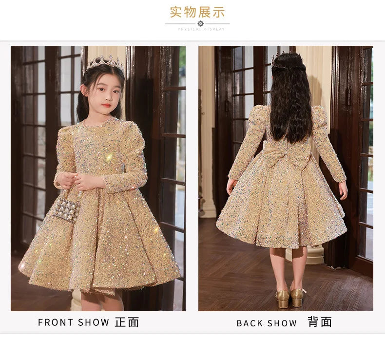 3-14 Yrs Flower Girls Dress Wedding Birthday Dress Golden Sequin Lace First Communion Dresses for Girls Baptism Party Vestidos