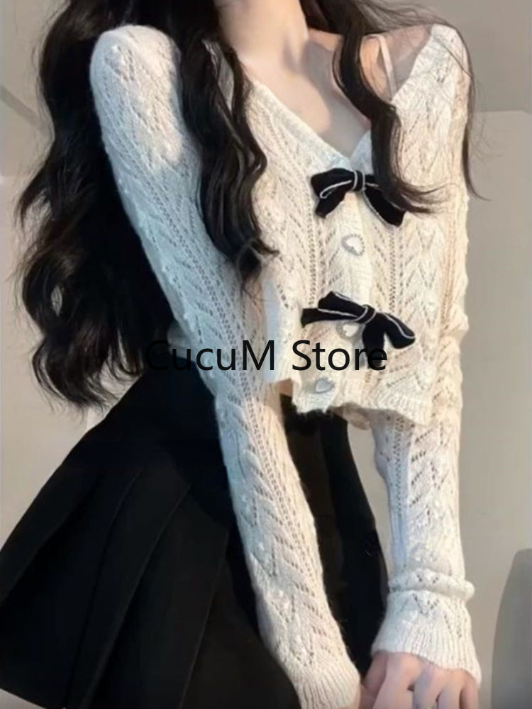 French Elegant 2 Piece Set Woman White Knitted Blouse Bow + Casual Slim Y2k Mini Skirt Korean Fashion Suit Outfit 2023 Autumn