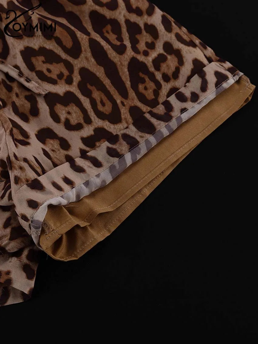 Oymimi Fashion Brown Leopard Print Sets For Women 2 Pieces Elegant Puff Sleeve Button Shirts And Drawstring Shorts Female Sets