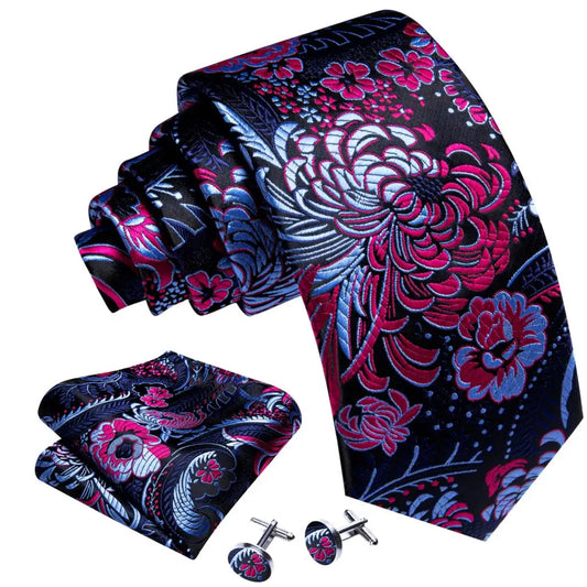 Elegant Multi Floral Silk Mens Tie Hanky Cufflinks Set Jacquard Flower Necktie For Male Wedding Business Party Event Barry.Wang