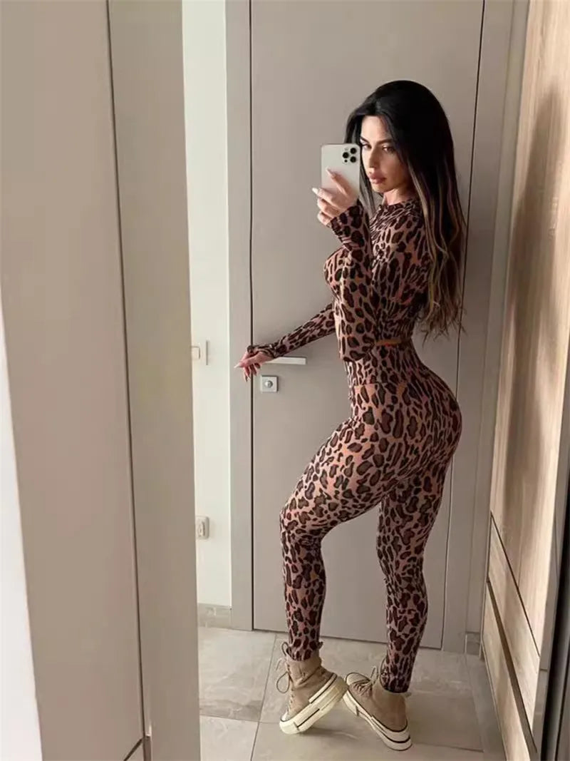 Shestyle Leopard Sporty Women Two Piece Sets Casual Animal Leggings Crop Top Brown Half High Neck Pullover