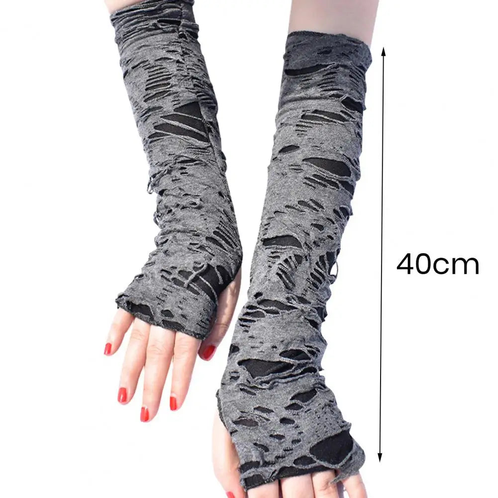 Breathable Fingerless Gloves Punk Style Arm Sleeves Long Halloween Fingerless Gloves with Ripped Holes for Adult Cosplay Unique