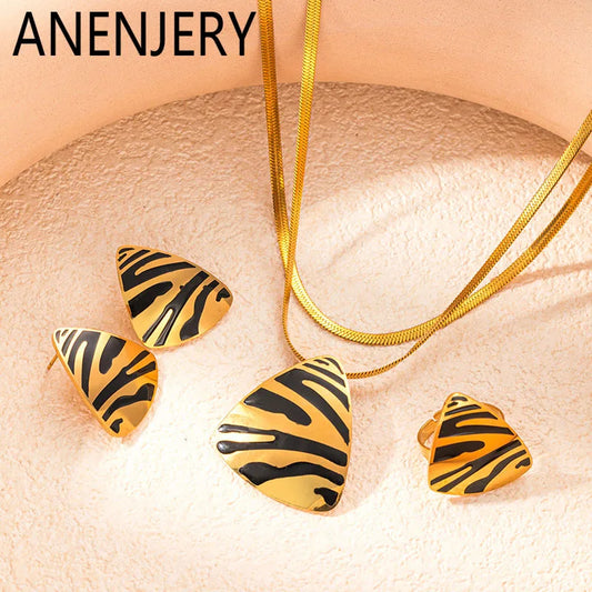 ANENJERY 316L Stainless Steel Tiger Stripe Necklace Earring Ring For Women Vintage New Trend Jewelry Set Gifts