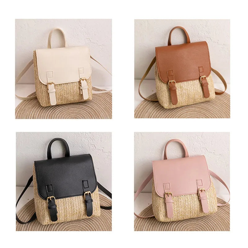 Fashion Women's Shoulder Bag Vintage Straw Woven Bag PU Leather Shoulder Bag Elegant Luxury Versatile Designer Backpack Mochilas