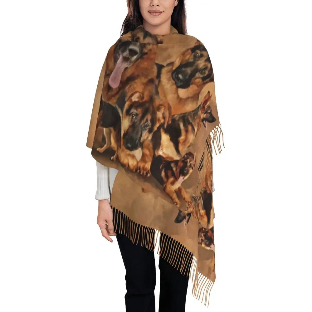 German Shepherd Courage Scarf Wrap Women Long Winter Fall Warm Tassel Shawl Unisex Alsatian Wolf Dog Lover Scarves