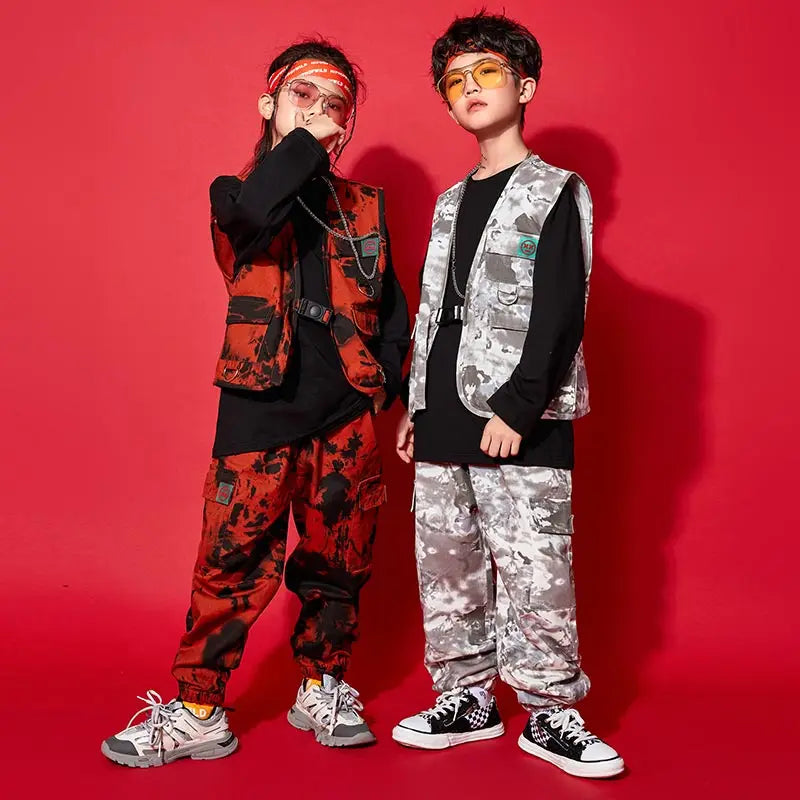 Modern Hip Hop Dance Clothes Kids Costume Camouflage Vest Pants Girls Long Sleeves Suit Boys Street Dance Outfit Rave Wear L9730
