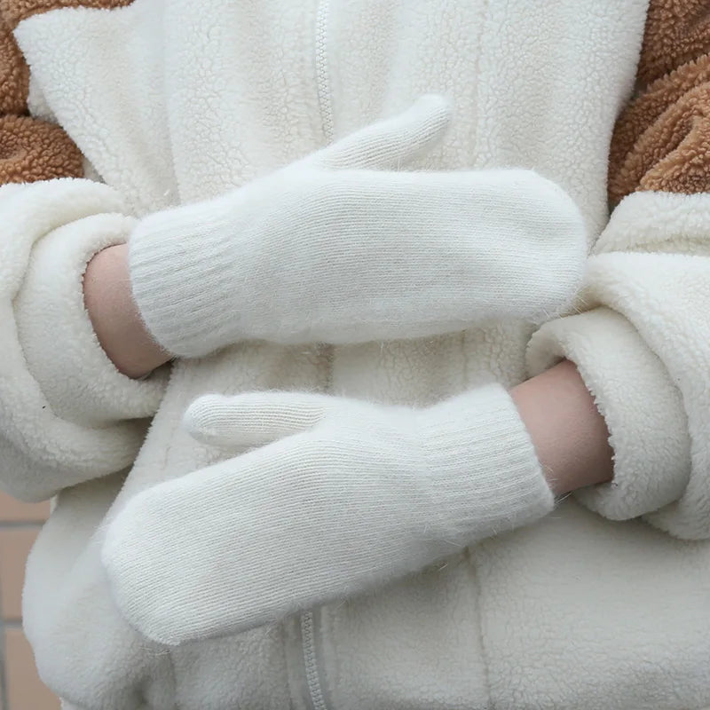 1Pair Cute Winter Double-layer Rabbit Hair Gloves Female Plush Solid Color All Fingers Women Girls Soft Thicken Warm Mittens